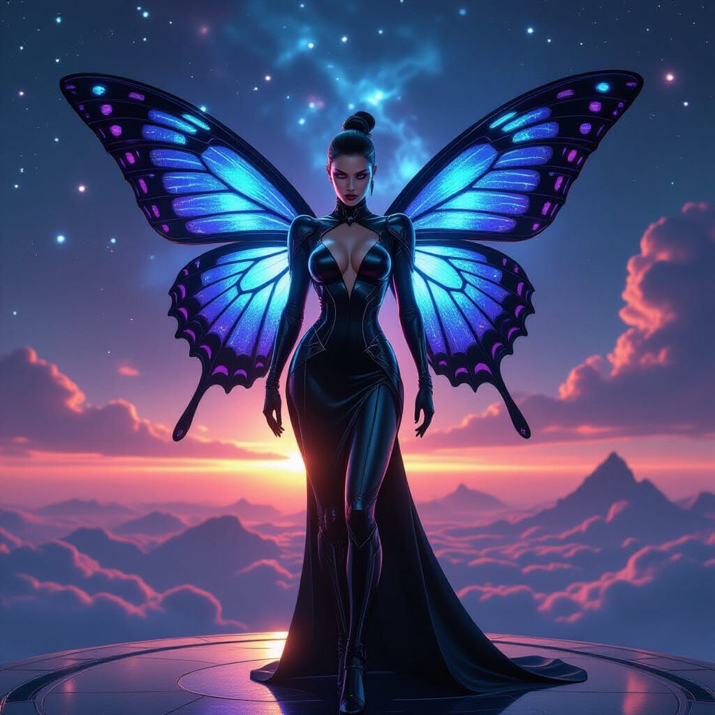 Futuristic Bikini-Assassin with Butterfly Wings on Planetoid