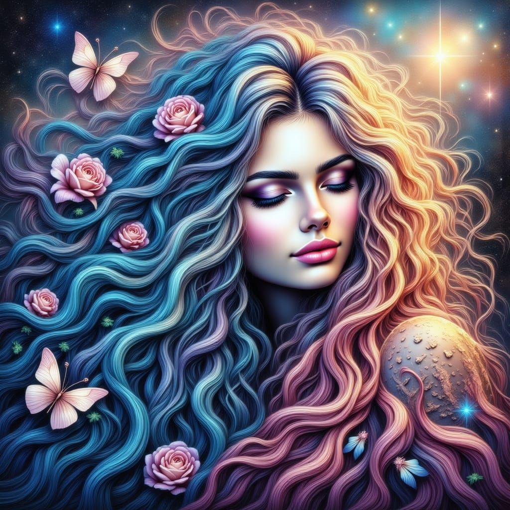 Ethereal Woman Profile in Flux Style with Cosmic Hair