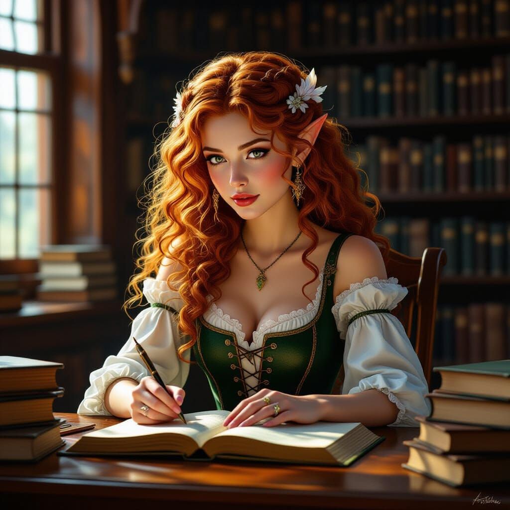 Elf Woman Studying in Library, Photorealistic Digital Art