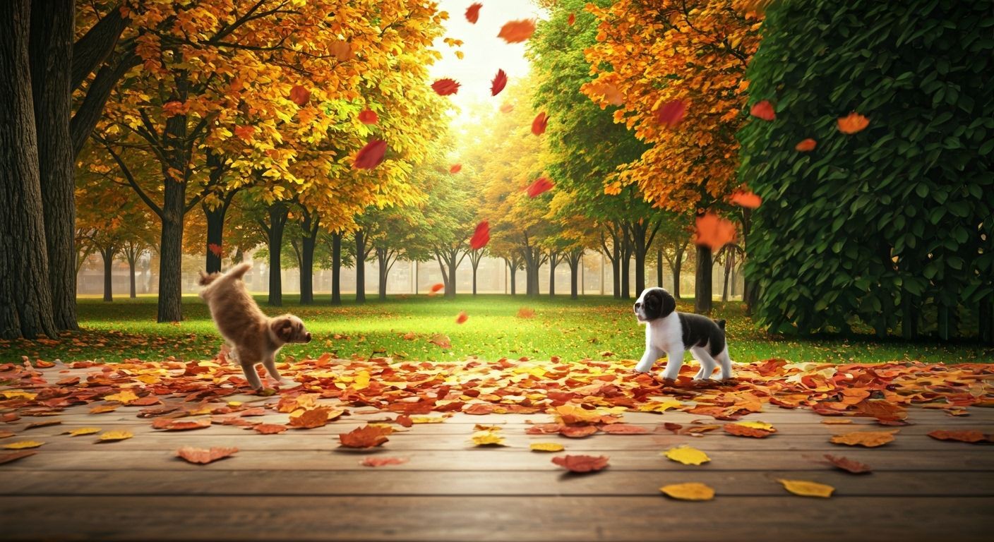 Puppies and Kittens Play Amidst Falling Autumn Leaves