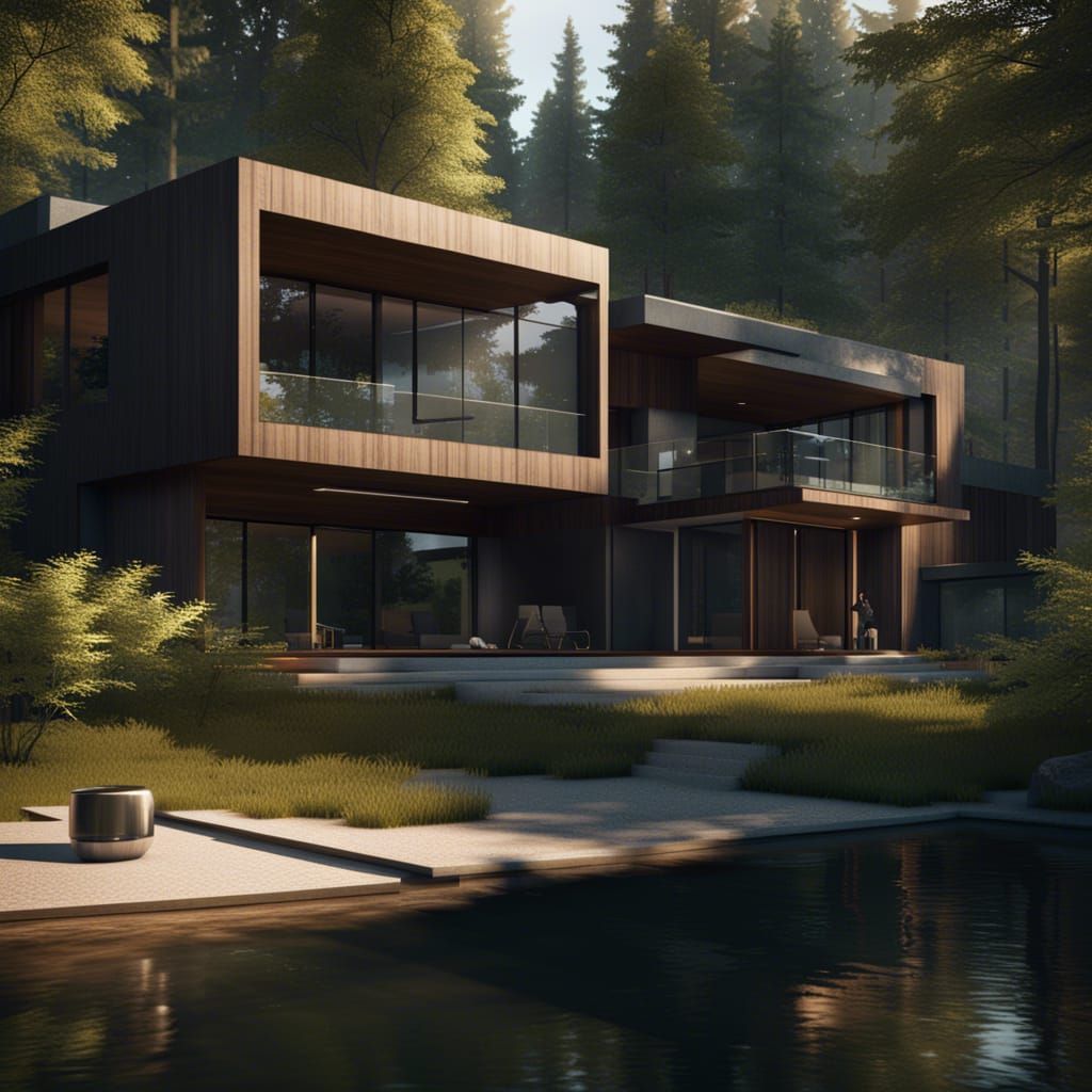 Modern Lakeside House with 3D Rendering