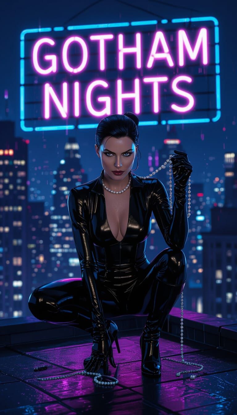 Catwoman on Gotham Rooftop in Digital Art Style