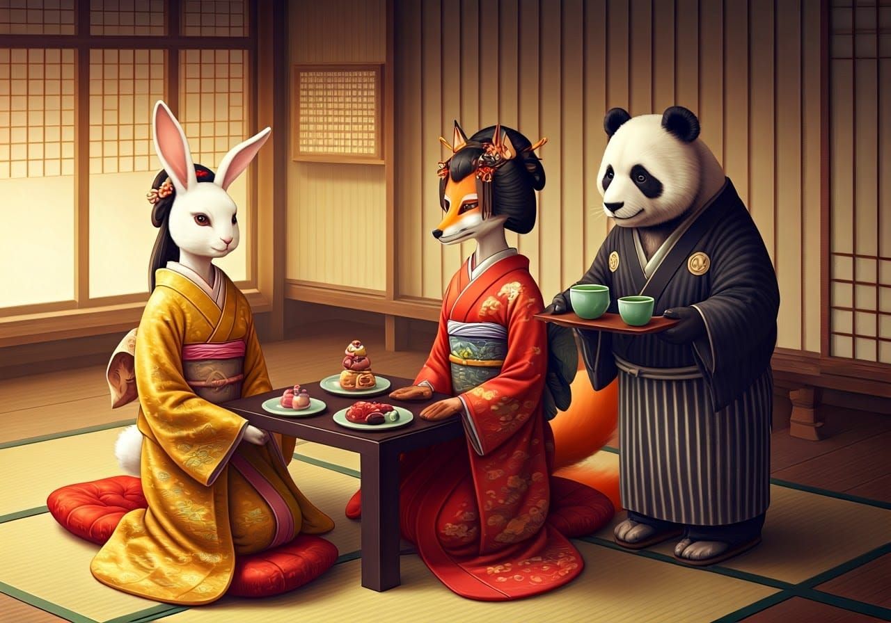 Surreal Geisha Gathering in Traditional Japanese Style