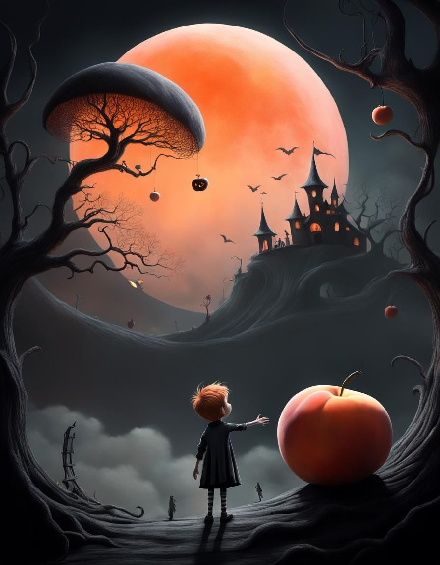Child Reaching for Giant Peach in Burtonesque Style