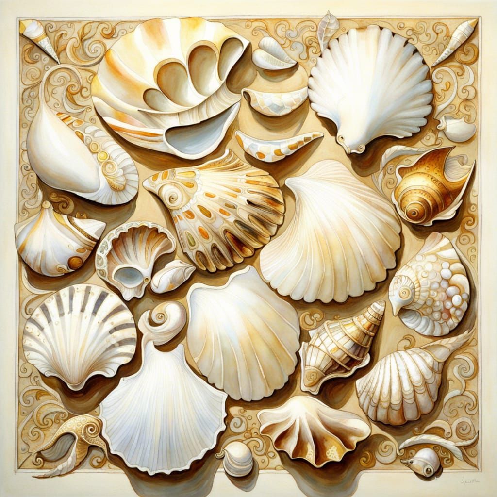 Mother-of-Pearl Shells in Gouache Watercolor