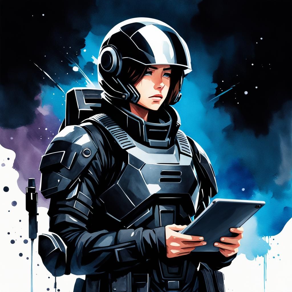 Futuristic Soldier with Tablet in Watercolor Illustration