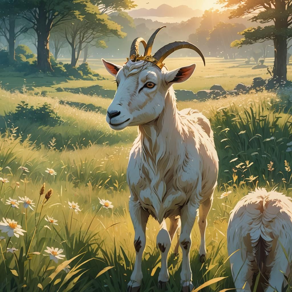 Goat with Crown in Serene Anime Landscape