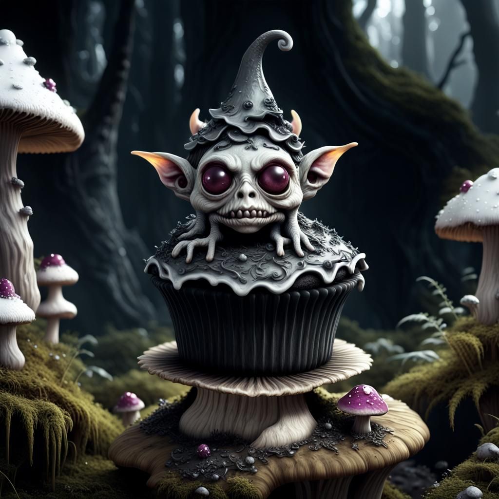 Cupcake Goblin on Mushroom in Dark Fantasy Art