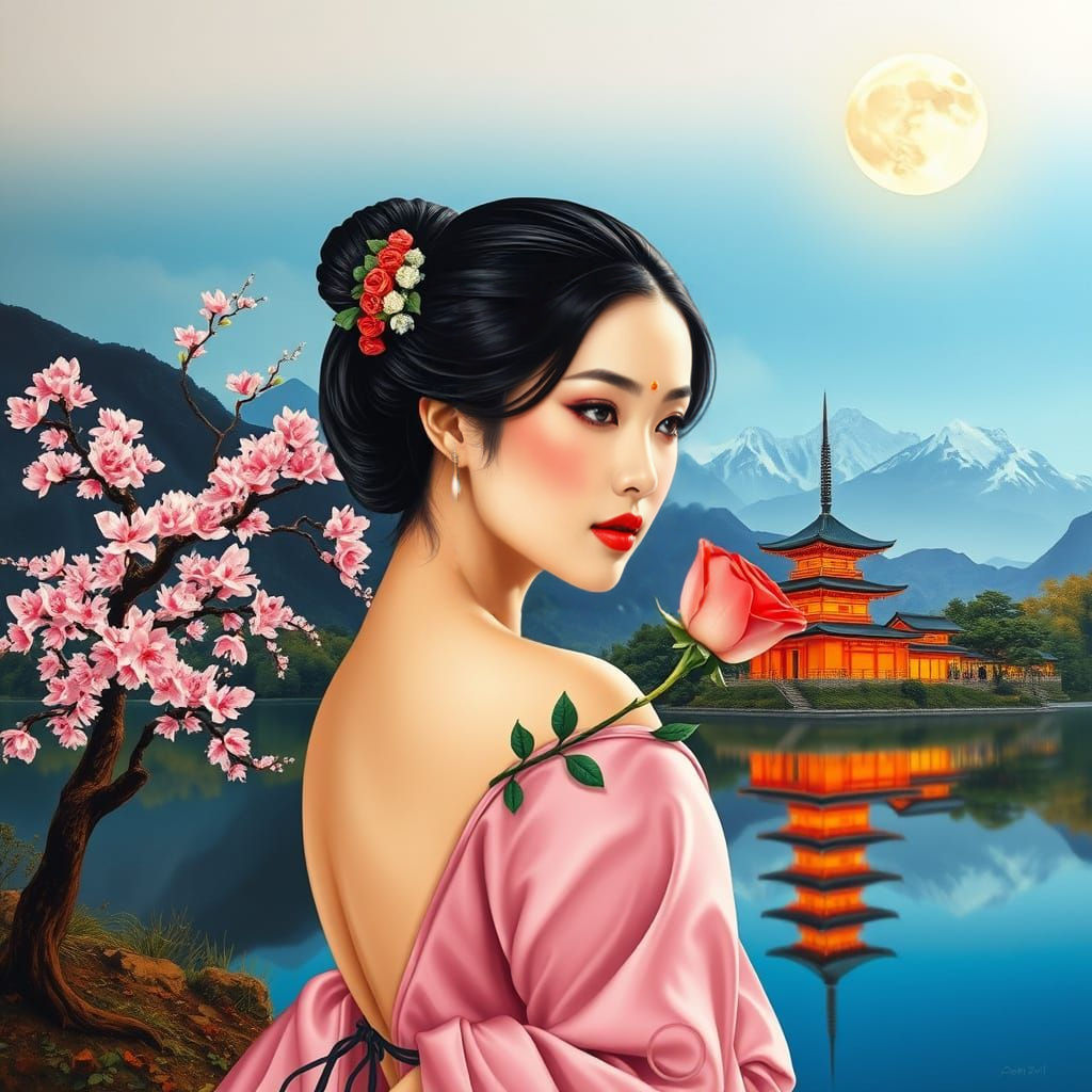 Woman and Moonlit Japanese Landscape in Double Exposure