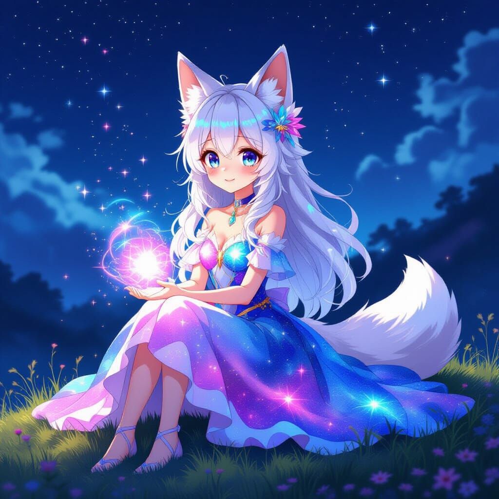 Dreamy Anime Fox Girl in Galaxy Dress on Hillside