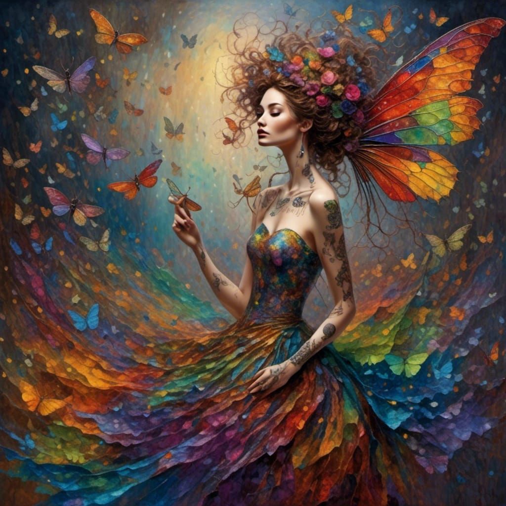 Hippie Woman Paints Rainbow with Dragonfly Wings