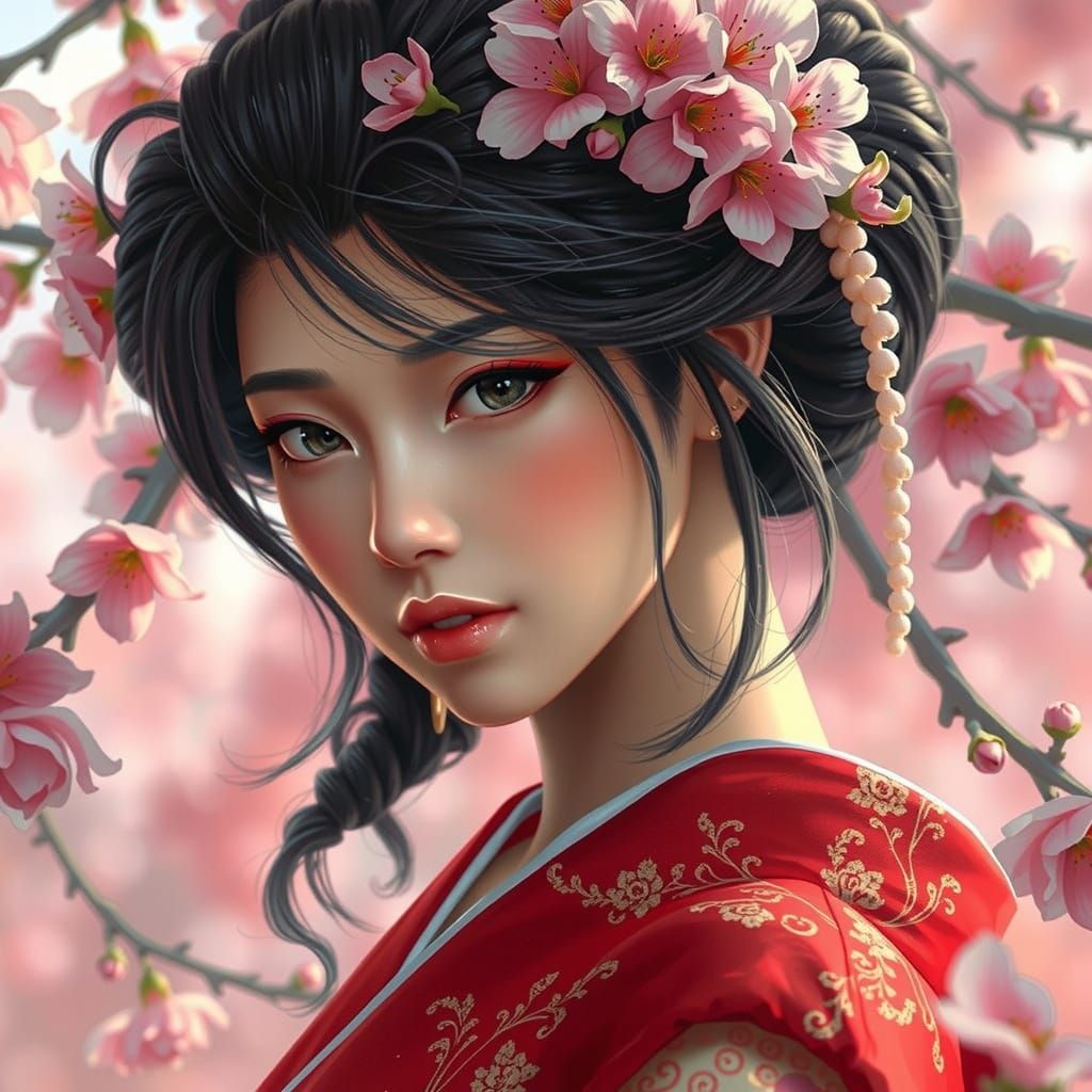 Stunning Geisha Surrounded by Cherry Blossoms in Serene Natu...