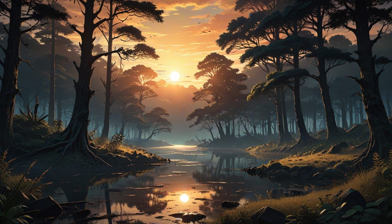 Eerie Sunrise Over Surreal Lake in Anime Style