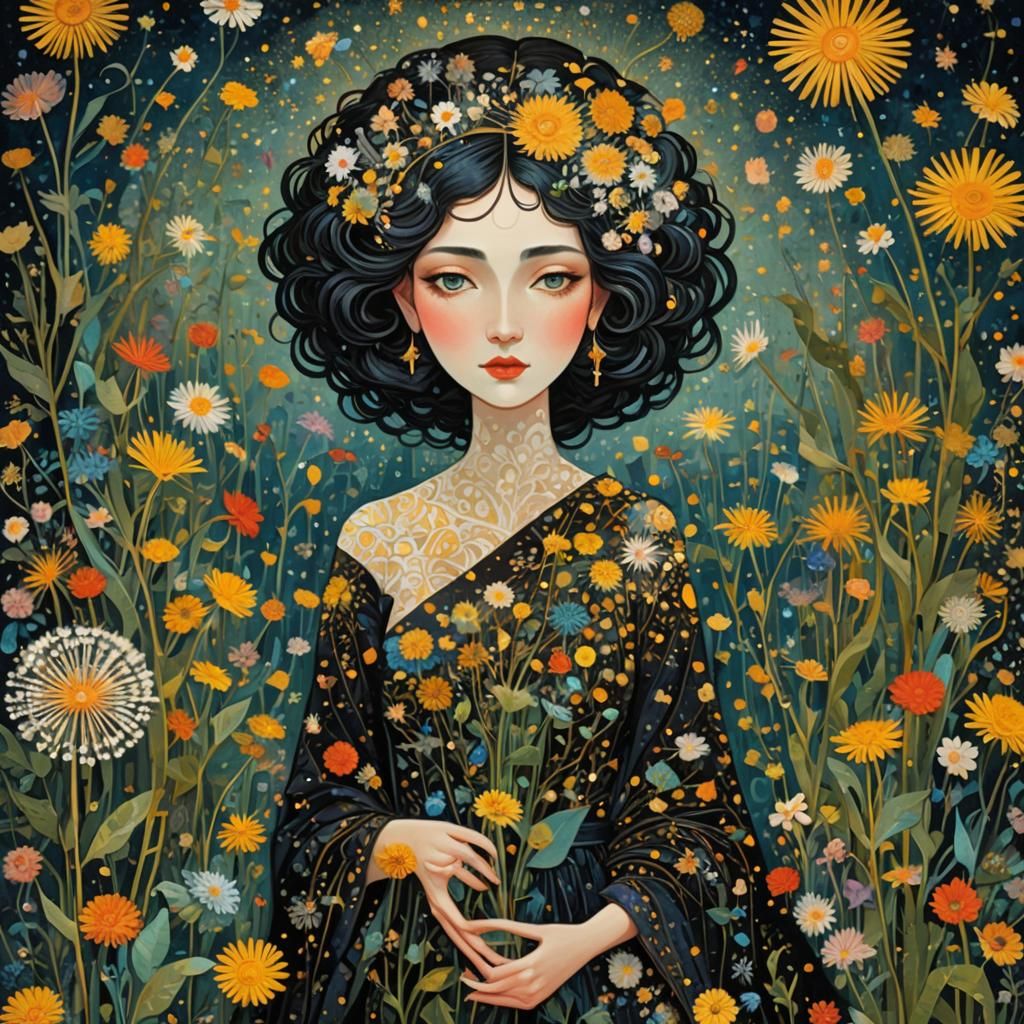 Elaborate Cubist Fantasy Scene with Dandelions