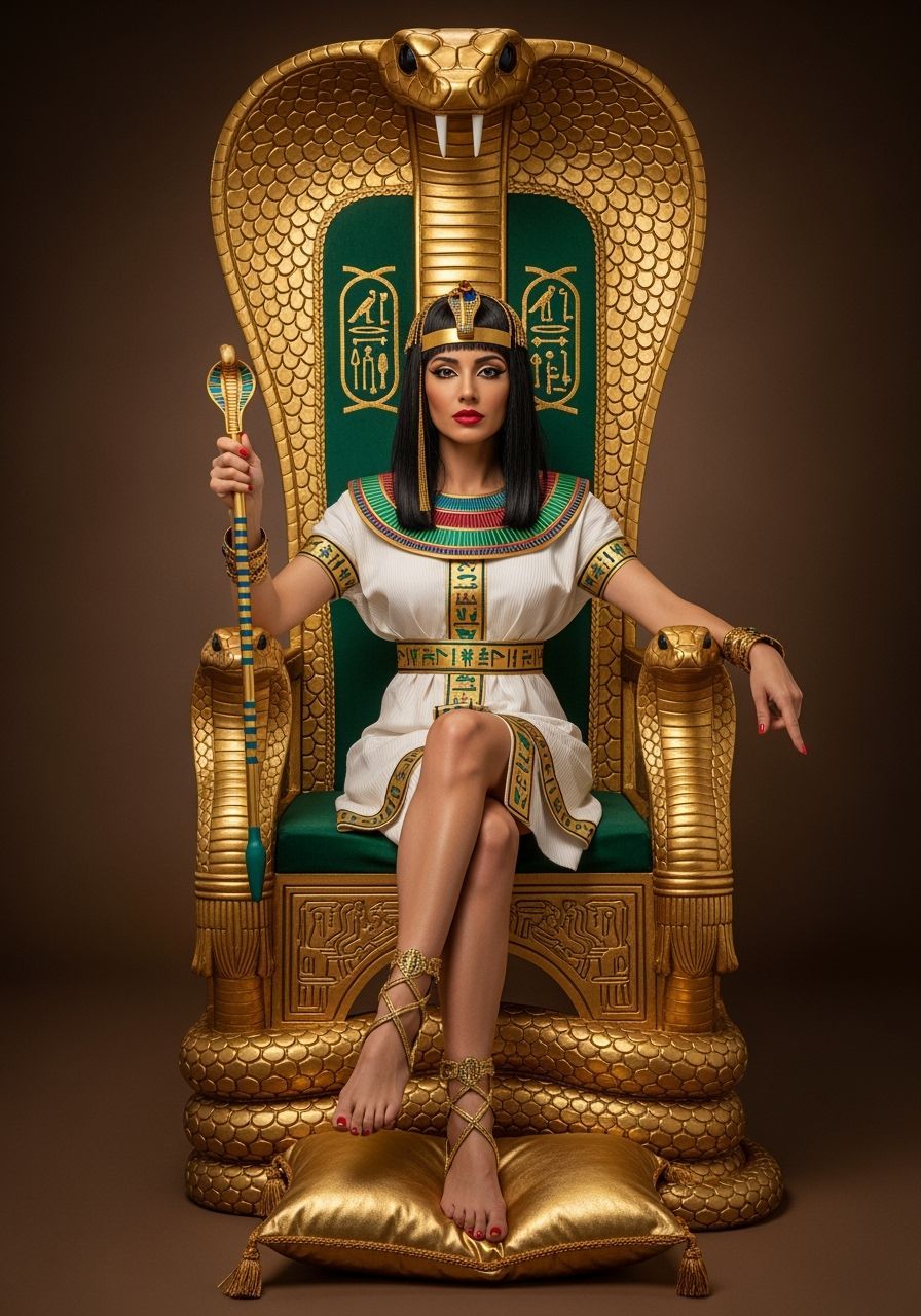 Regal Egyptian Queen on Gold Cobra Throne