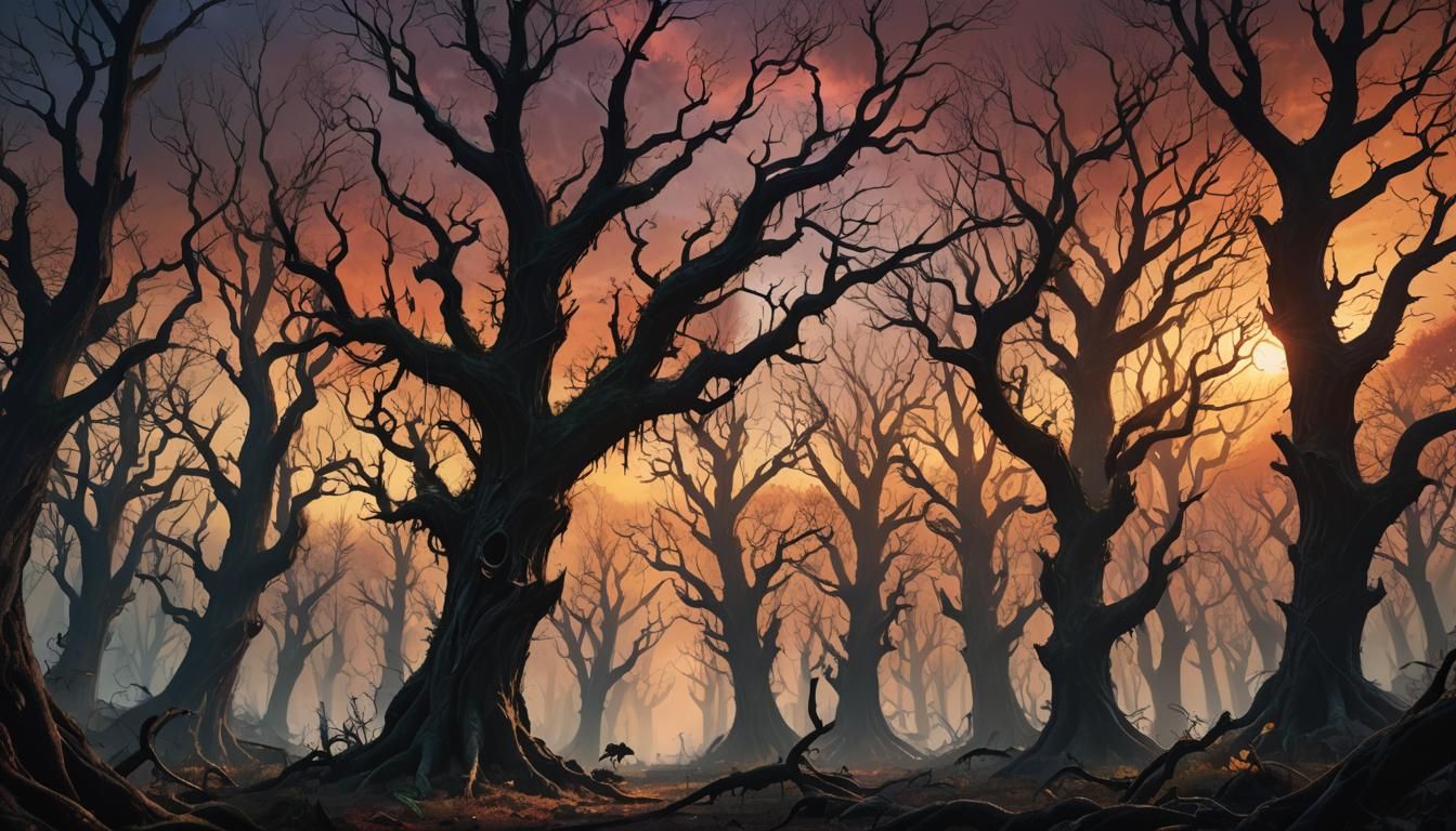 Ominous Forest Sunset in Dark Fantasy Style