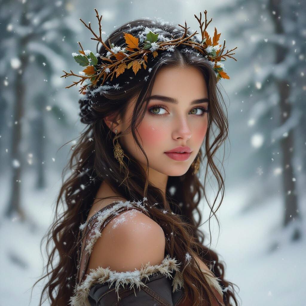 Mythic Woman in Snowy Forest, Oil Painting