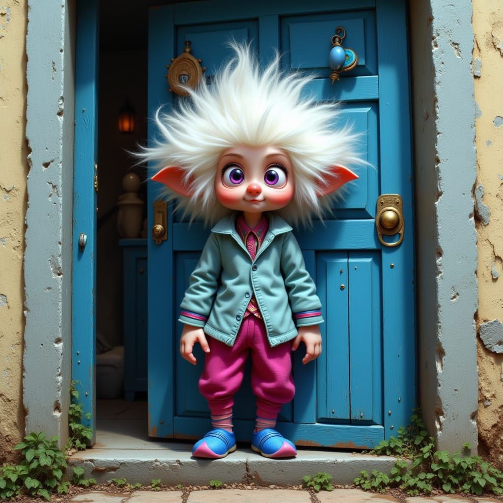 The blue door swings open, and a little man with white Albert Einstein hair sprouting all over his head and barely cover...