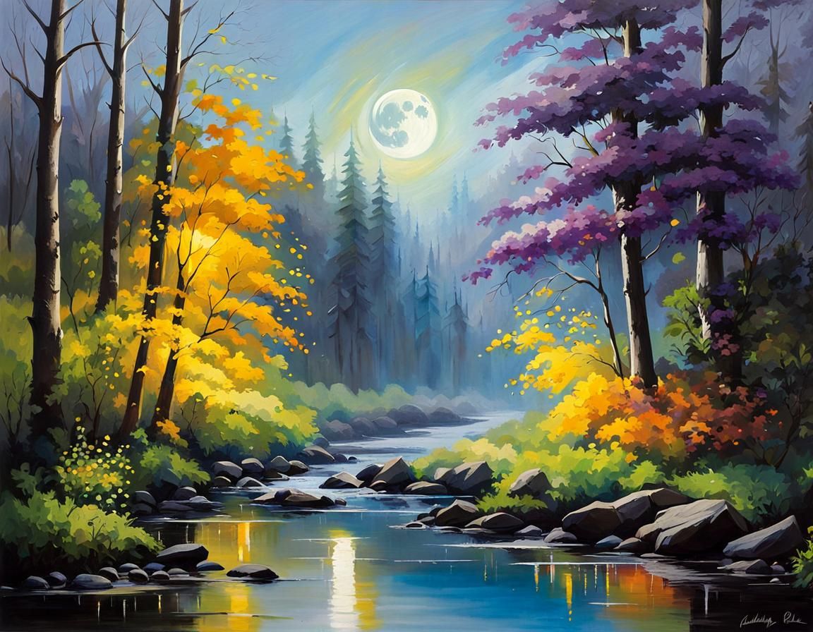 Luminescent Moon Over Misty Forest, Oil Painting
