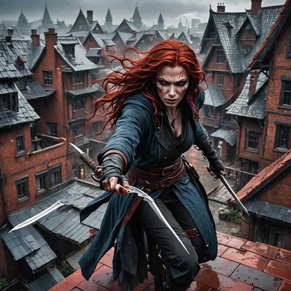Assassin Witch on Rooftop in Dystopian Rain, Hyperrealistic