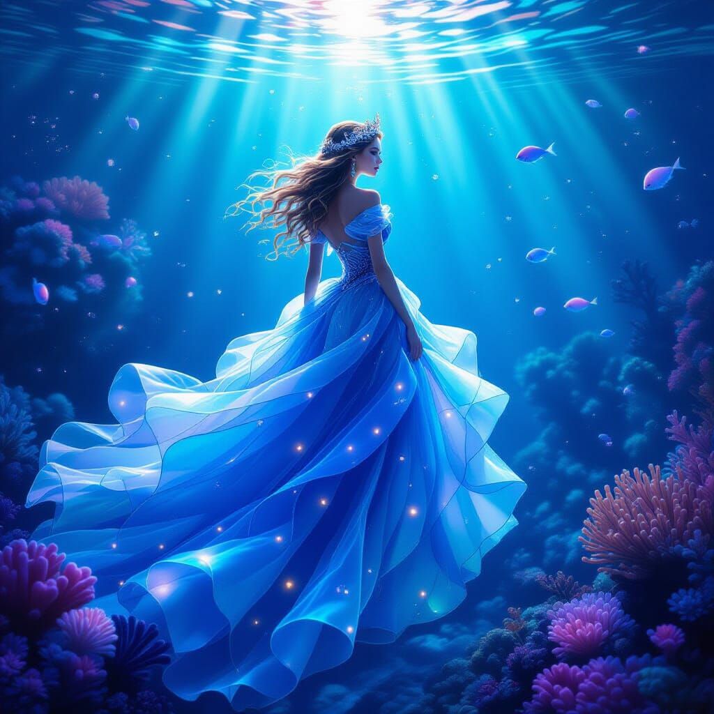 Bioluminescent Underwater Princess in Hyper-Realistic Style