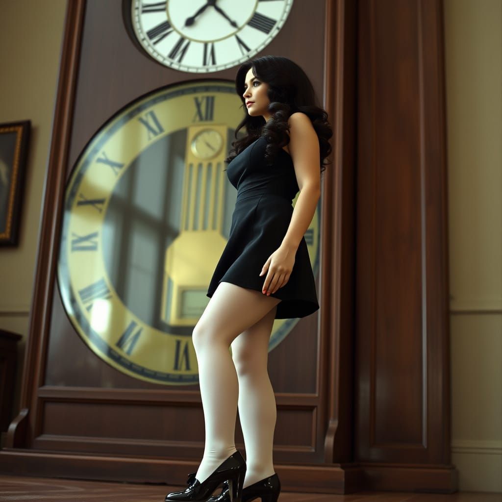Elegant Woman Dwarfed by Vintage Clock