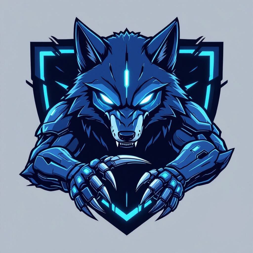 Robotic Blue Wolf Esports Logo with Cybernetic Claw