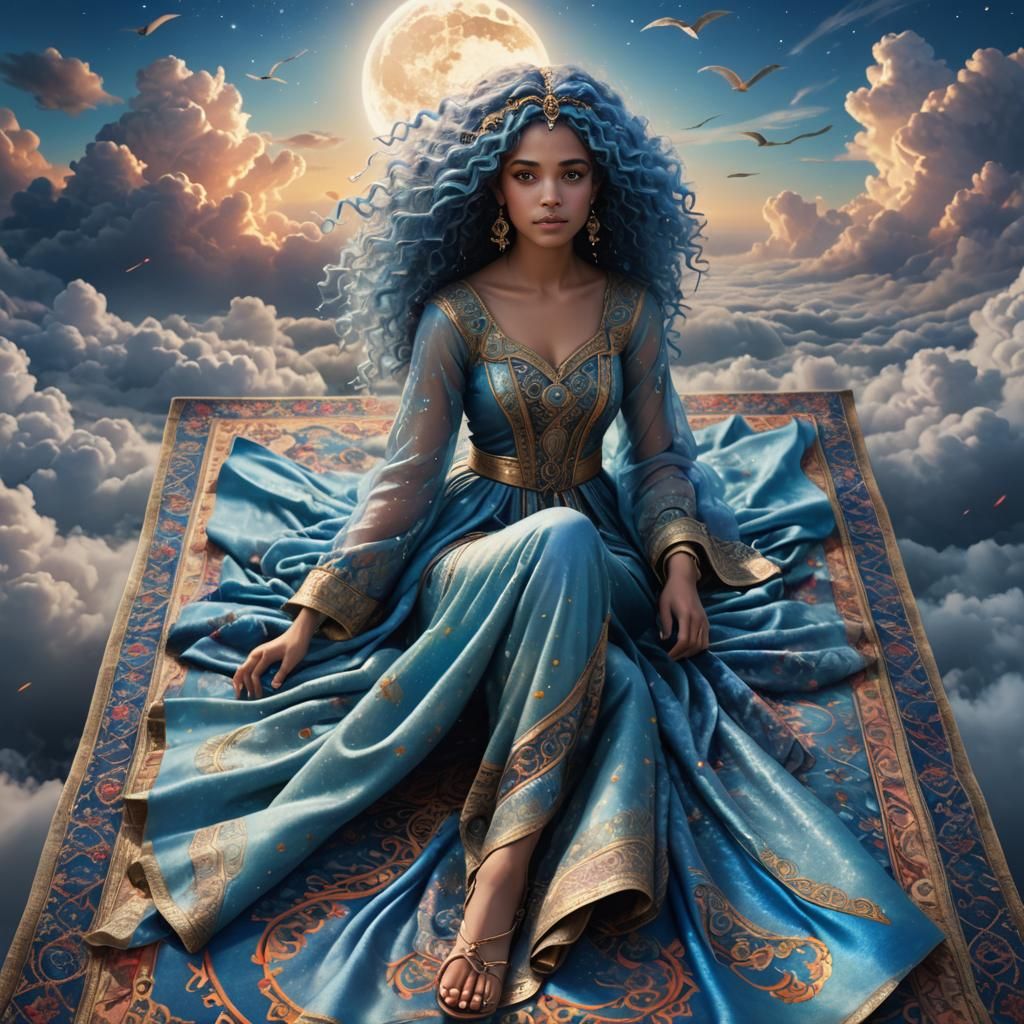 Princess on Flying Carpet in Misty Sky