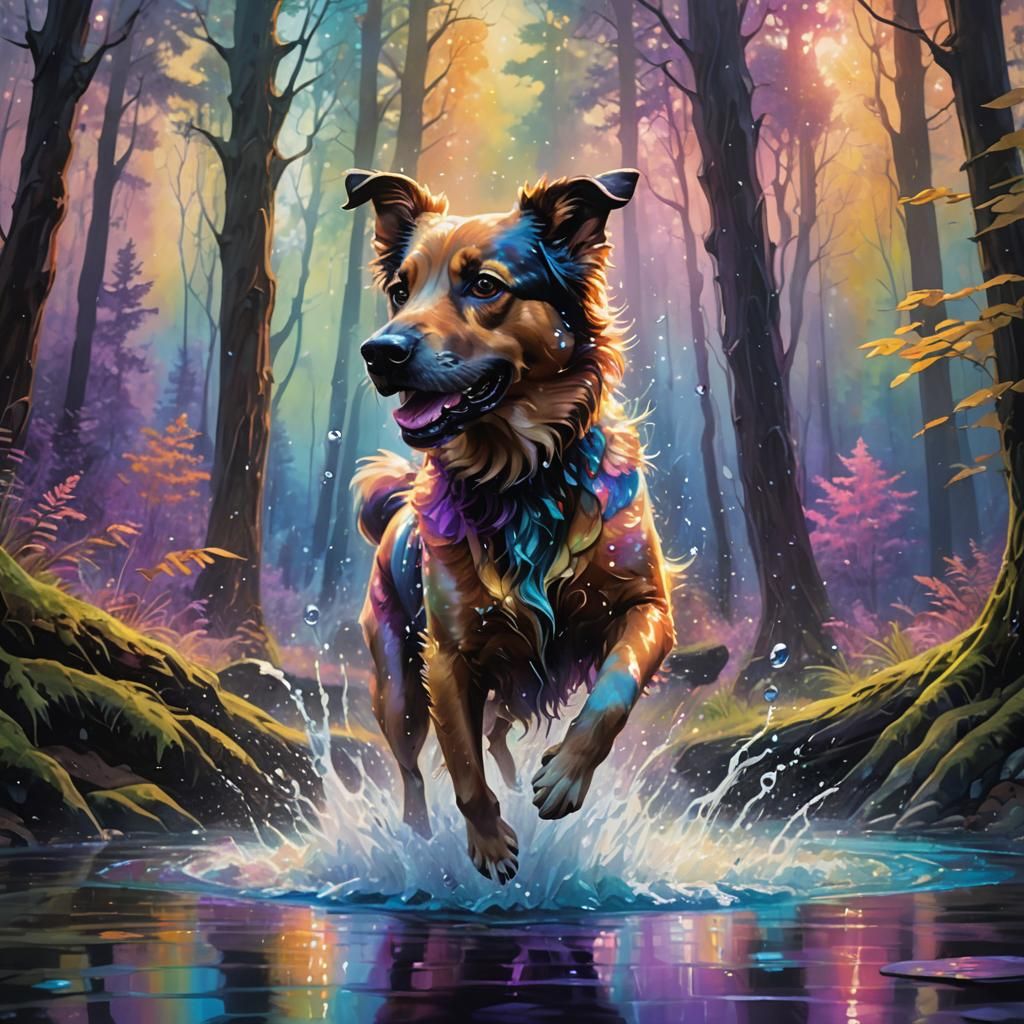 Dog Playing in Mystical Forest: Vibrant Oil Painting