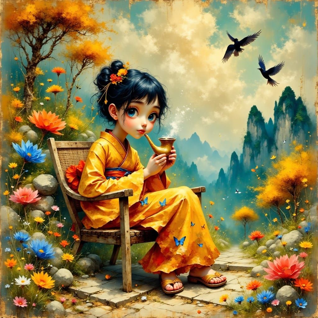 Golden kimono girl smoking her pipe