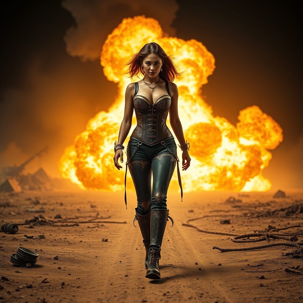 Steampunk Woman Strolls Away from a Fiery Inferno