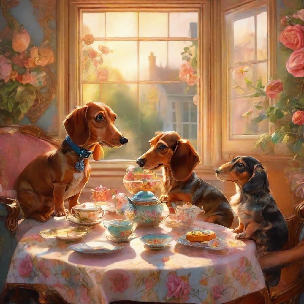 Dachshund and Friends Tea Party in Garden