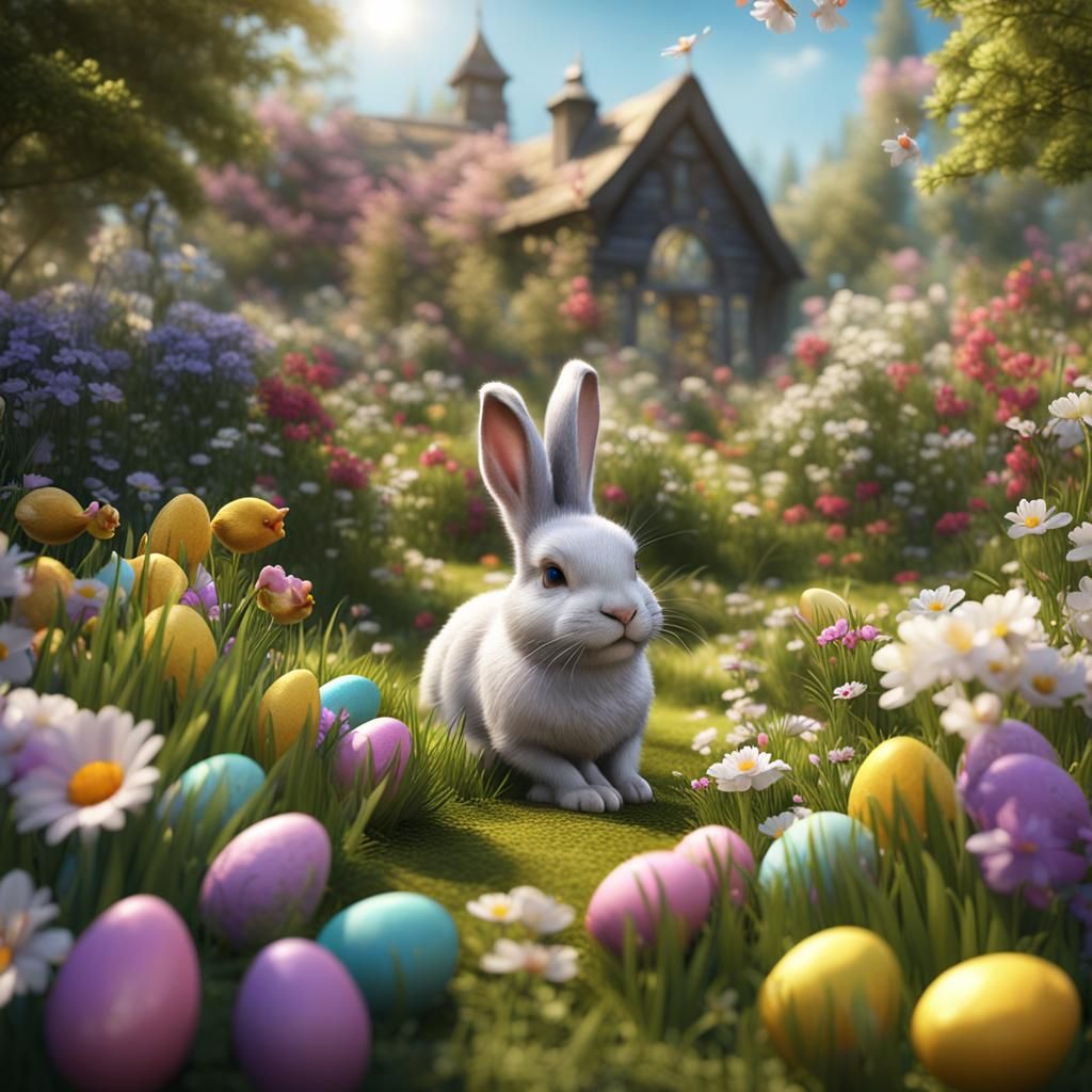 Easter Bunny Hiding Eggs in a Fantastical Garden