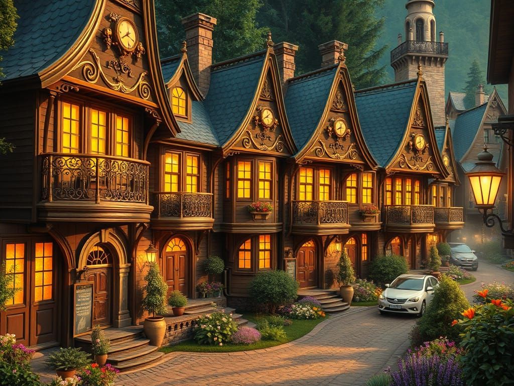 Steampunk Village Homes with Intricate Facades and Magical E...