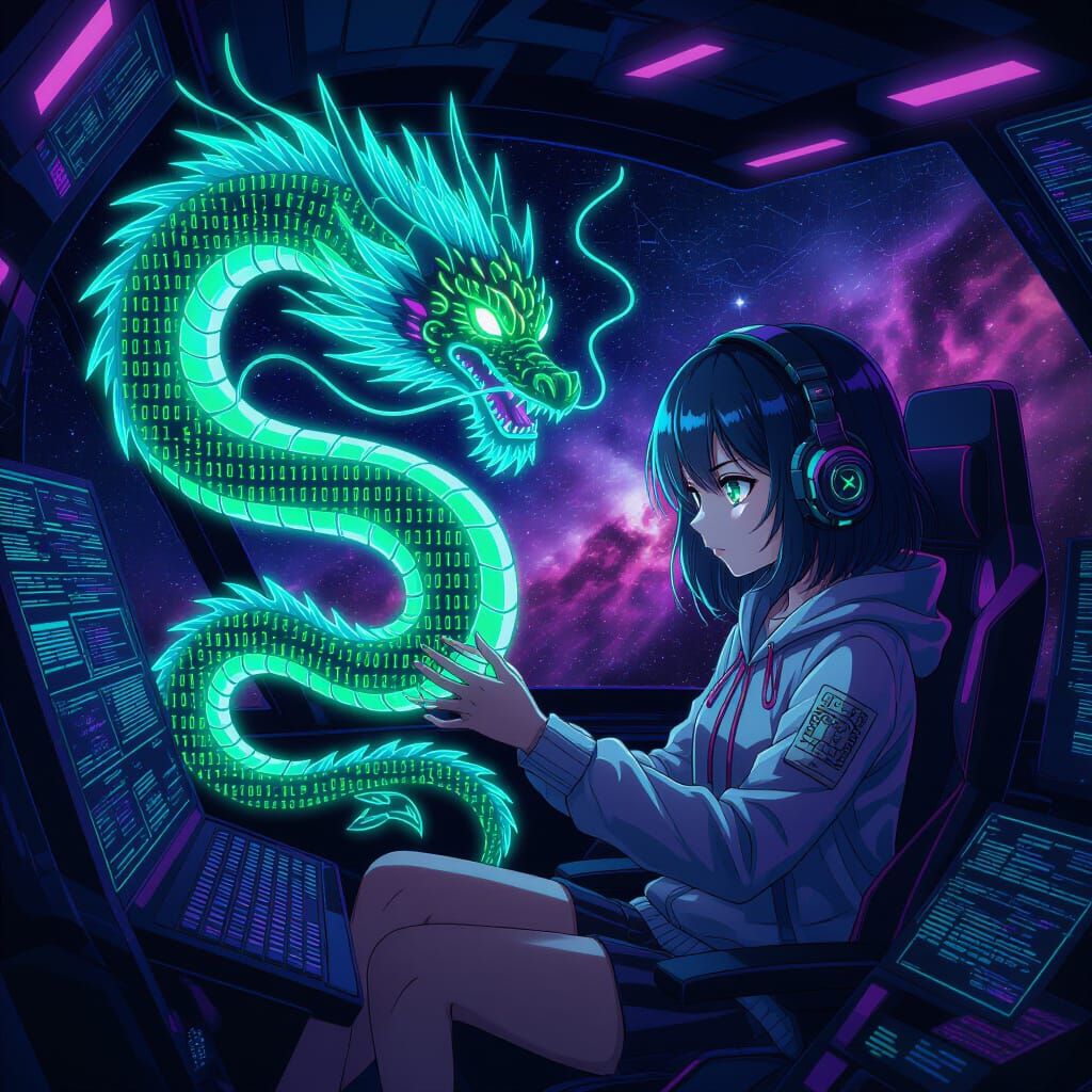 Anime Hacker Girl Manipulates Cosmic Dragon of Code