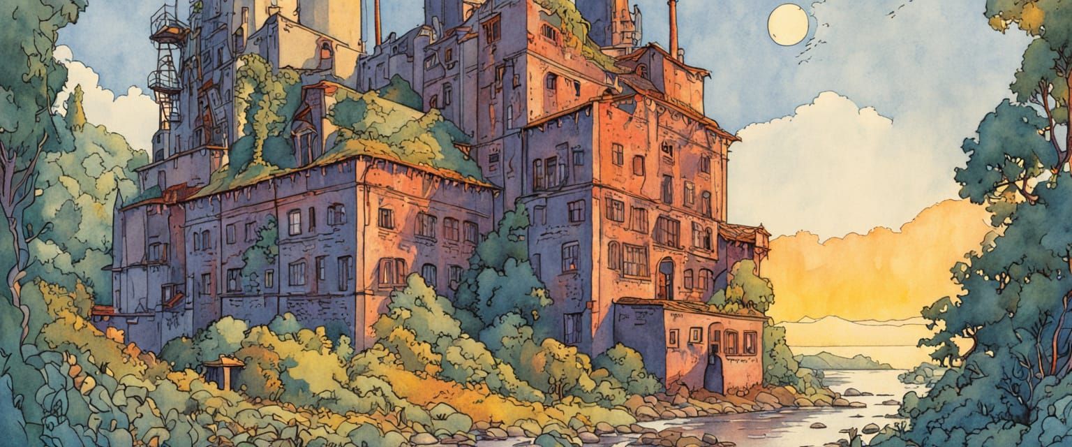 Abandoned Factory with Tropical Plants in Sunlight