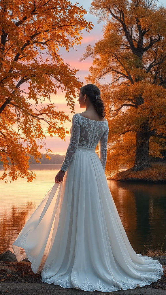 Woman in White Gown at Autumn Lake, Ethereal Style
