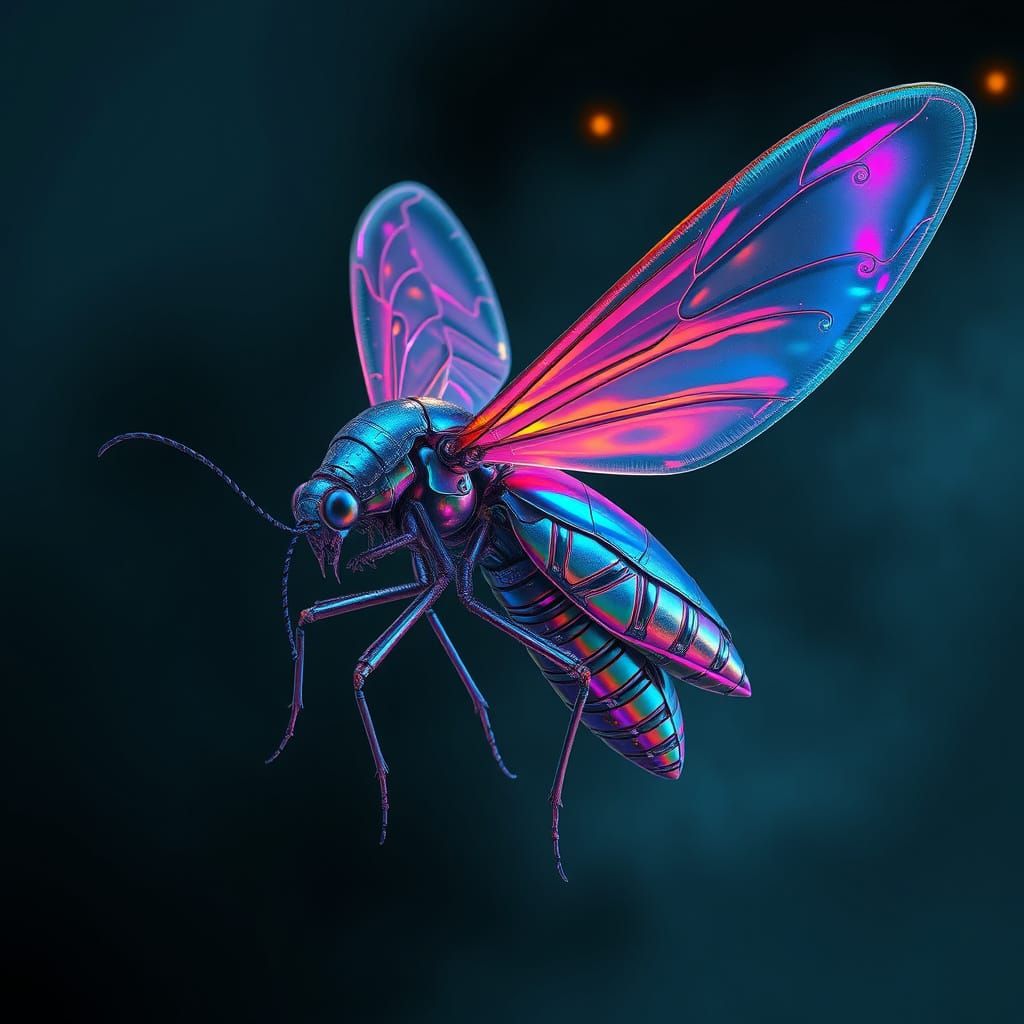 Biomechanical Insect with Iridescent Wings in a Dark, Futuri...