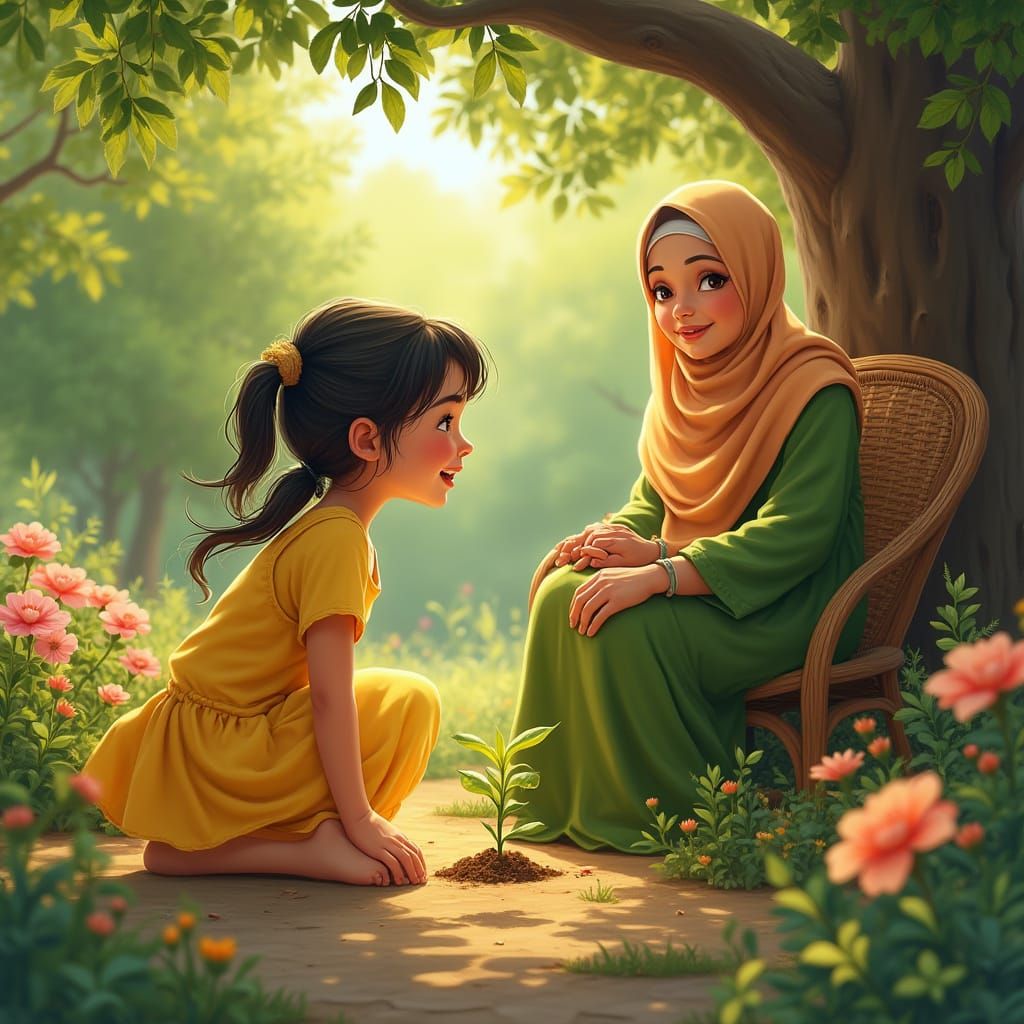Girl and Grandmother Admire Garden Sprout