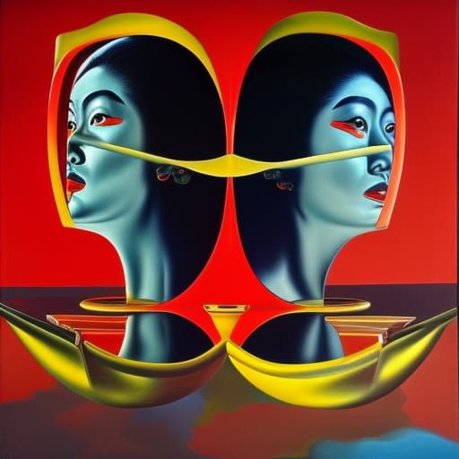 Surreal Reflection: Asian Woman in Funhouse Mirror