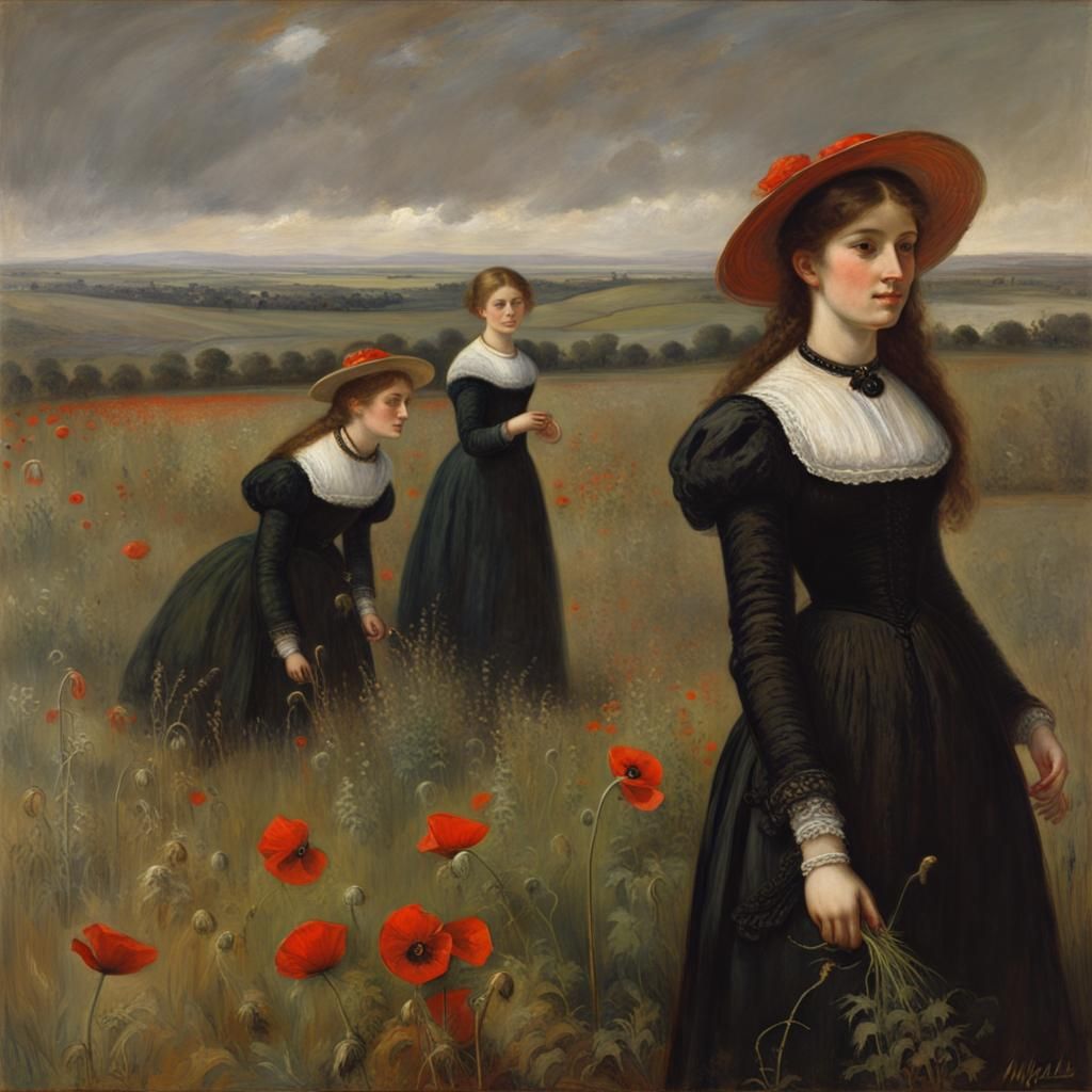 Poppy Field Scene in Pre-Raphaelite Style