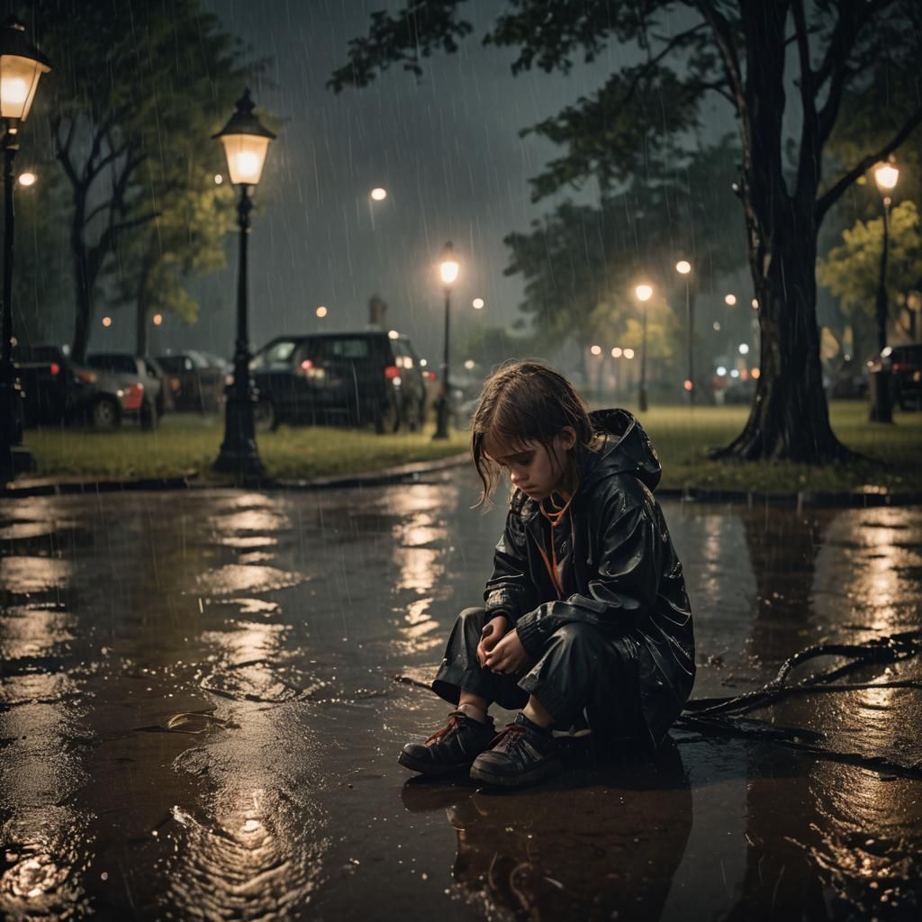Sad Girl Crying in Rainy Park at Night