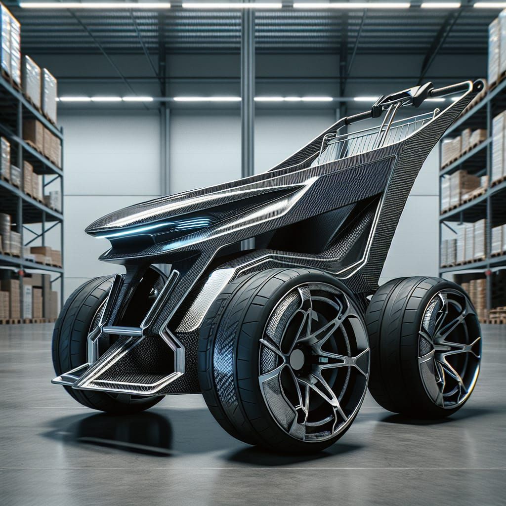 Futuristic Wide-Body Shopping Cart in Warehouse Setting