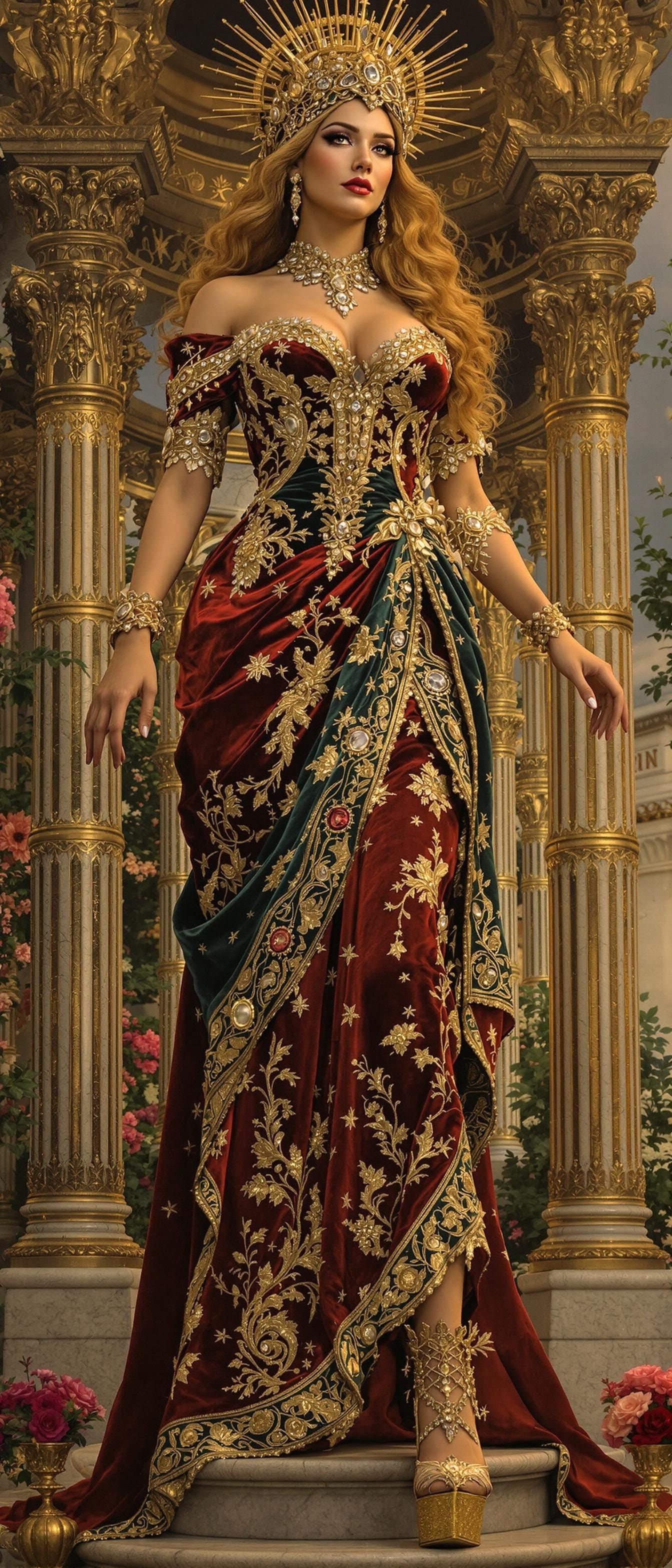 Renaissance Goddess in Velvet Gown, Hyperrealistic Detail