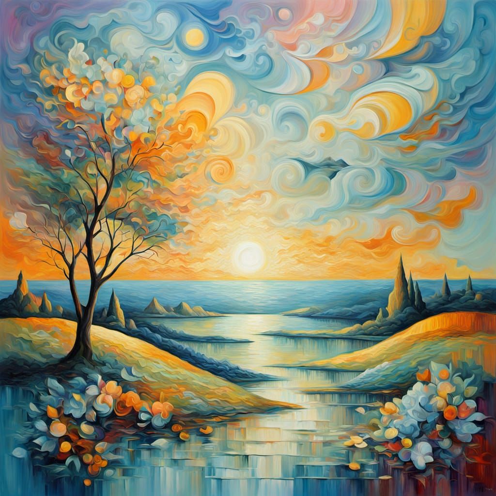 Vibrant Cubist Dreamscape with Swirling Colors and Geometric...