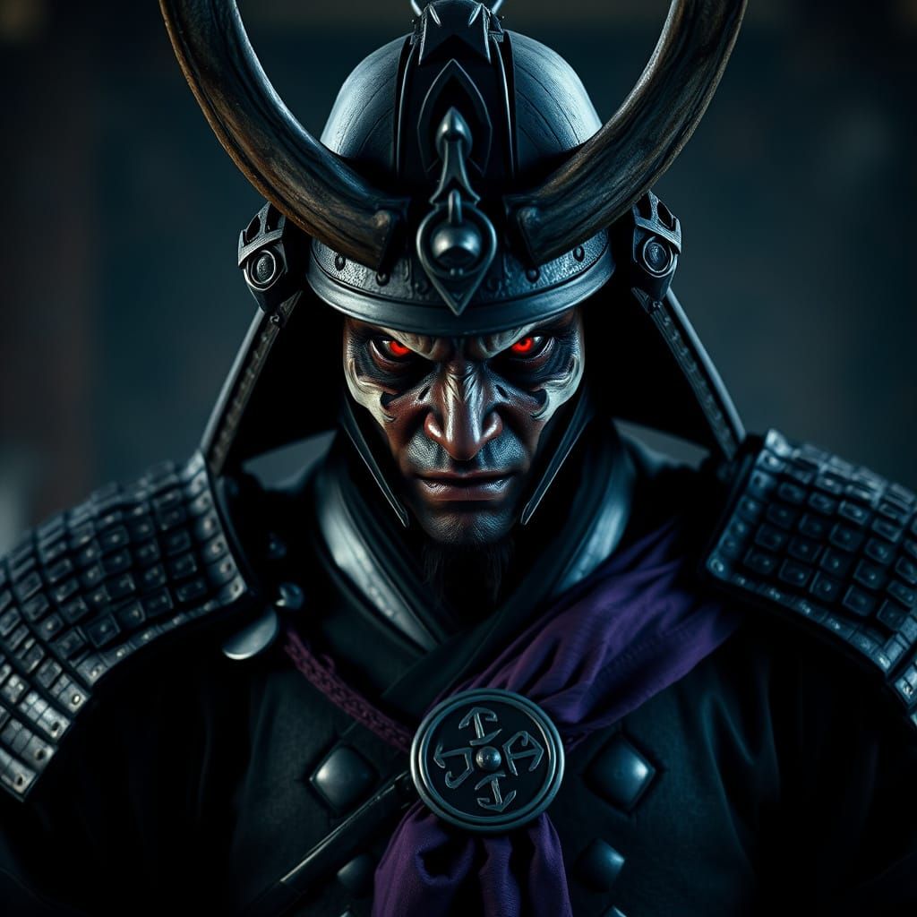Epic Samurai Lord with Horned Helmet and Demon Face