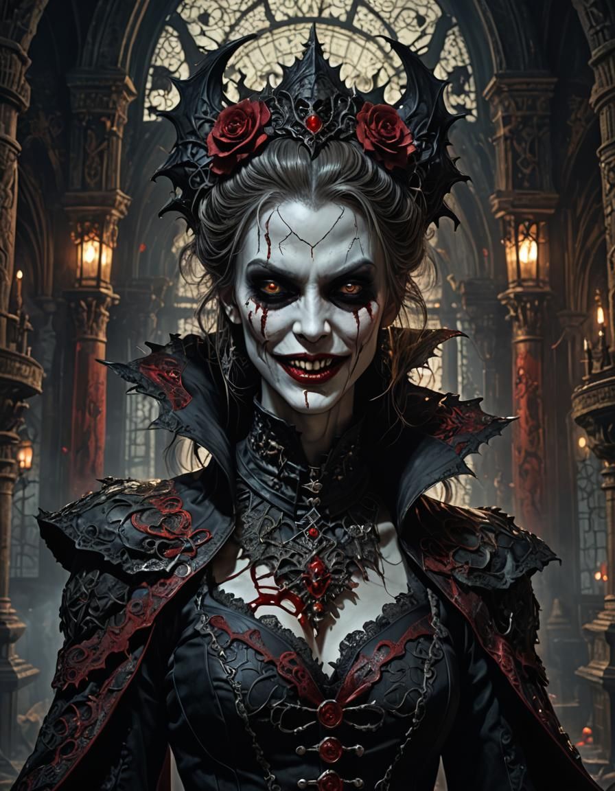 Creepy Vampire with Bloody Fangs in Gothic Horror