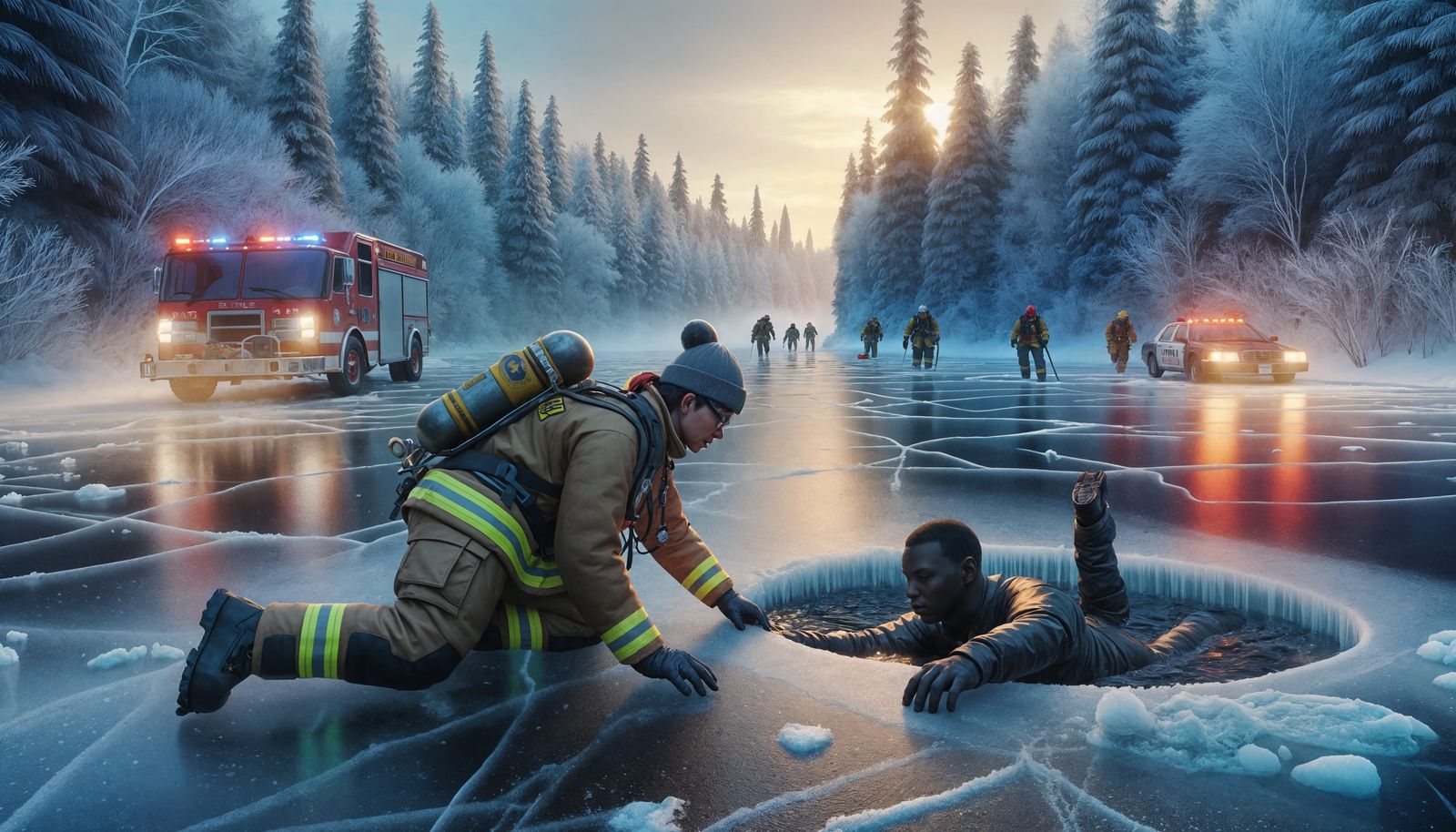 Winter Rescue Scene in a Frozen Forest Lake