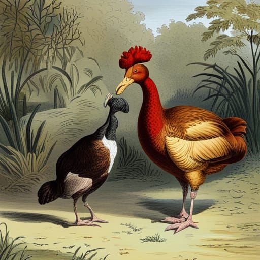 Victorian Dodo and Girl in Countryside Engraving