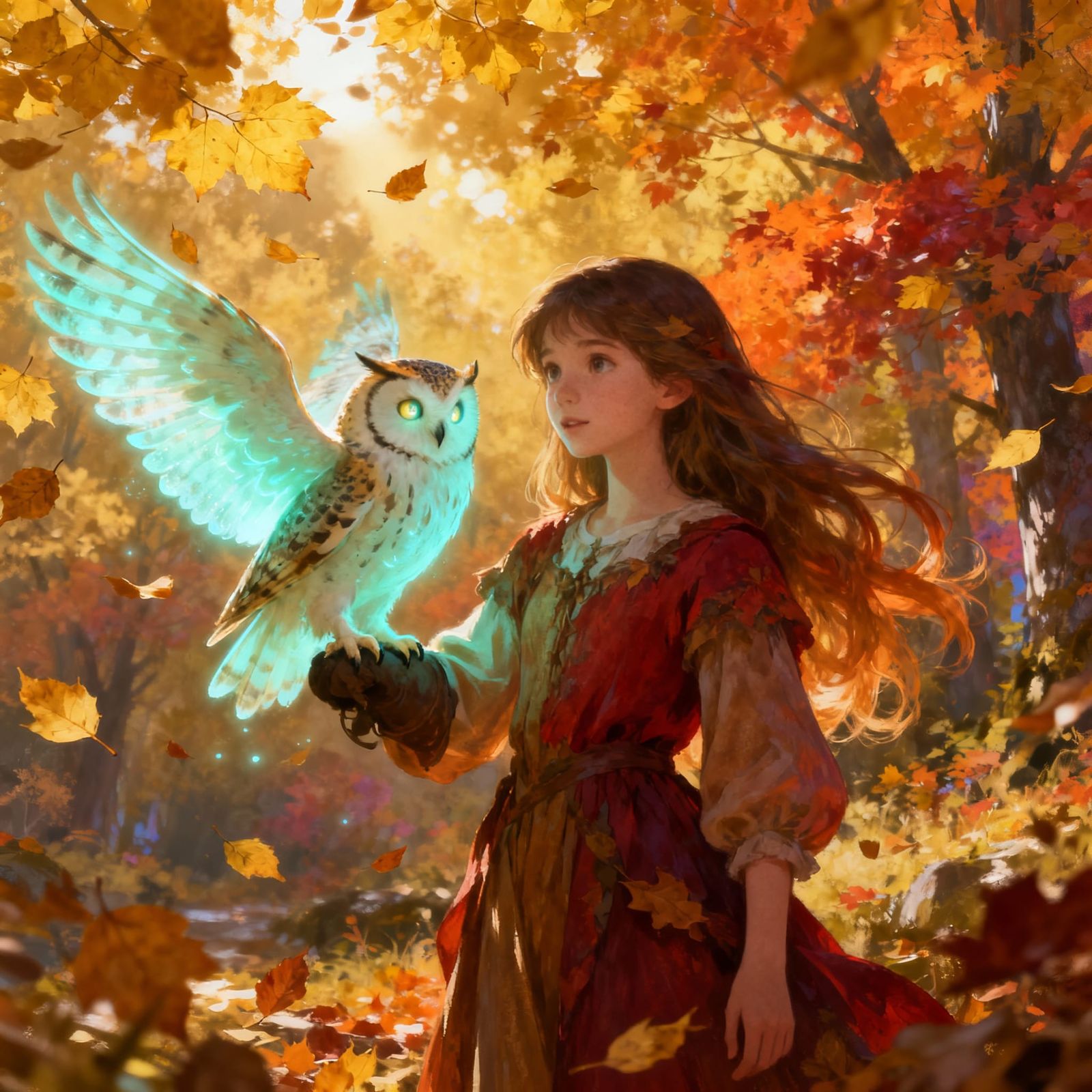Magical Girl with Bioluminescent Owl in Autumn Dimension